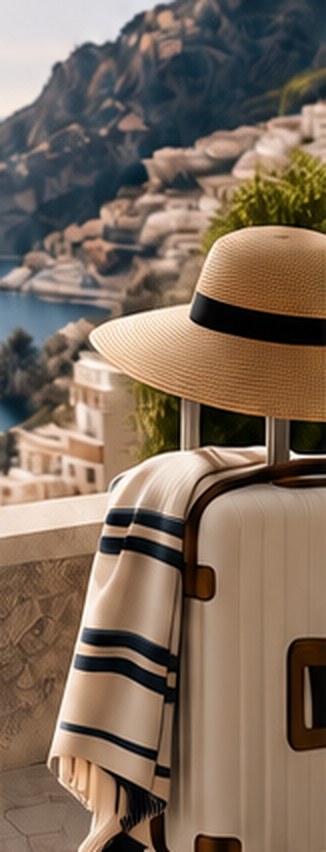 A sun hat resting on a white suitcase above a coastal village